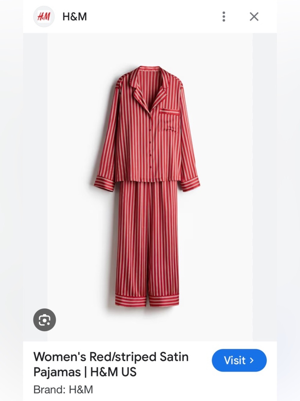 H&M Red, white Striped Satin Pajama Set Medium, New
